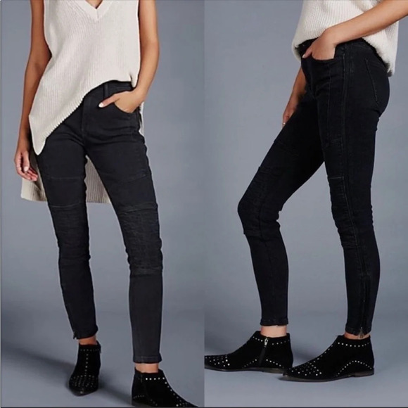 Free People Washed Black Vintage Stretch Midnight Magic Moto Jean Pant Size 26 - Picture 9 of 12